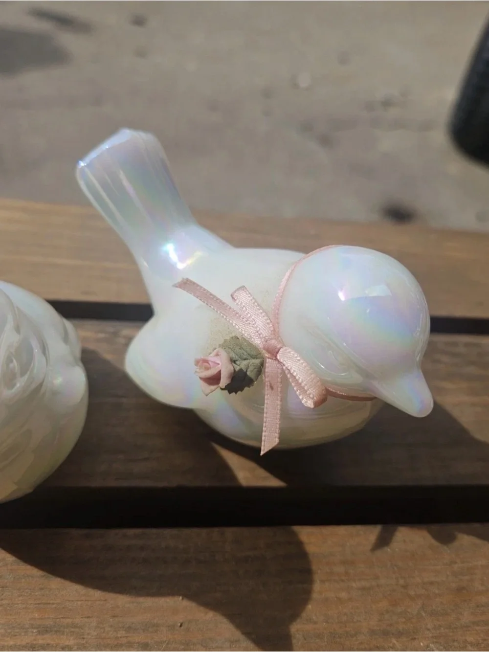 Vintage Fenton White Iridescent Glass Bird Figurines Set of 2 - read notes